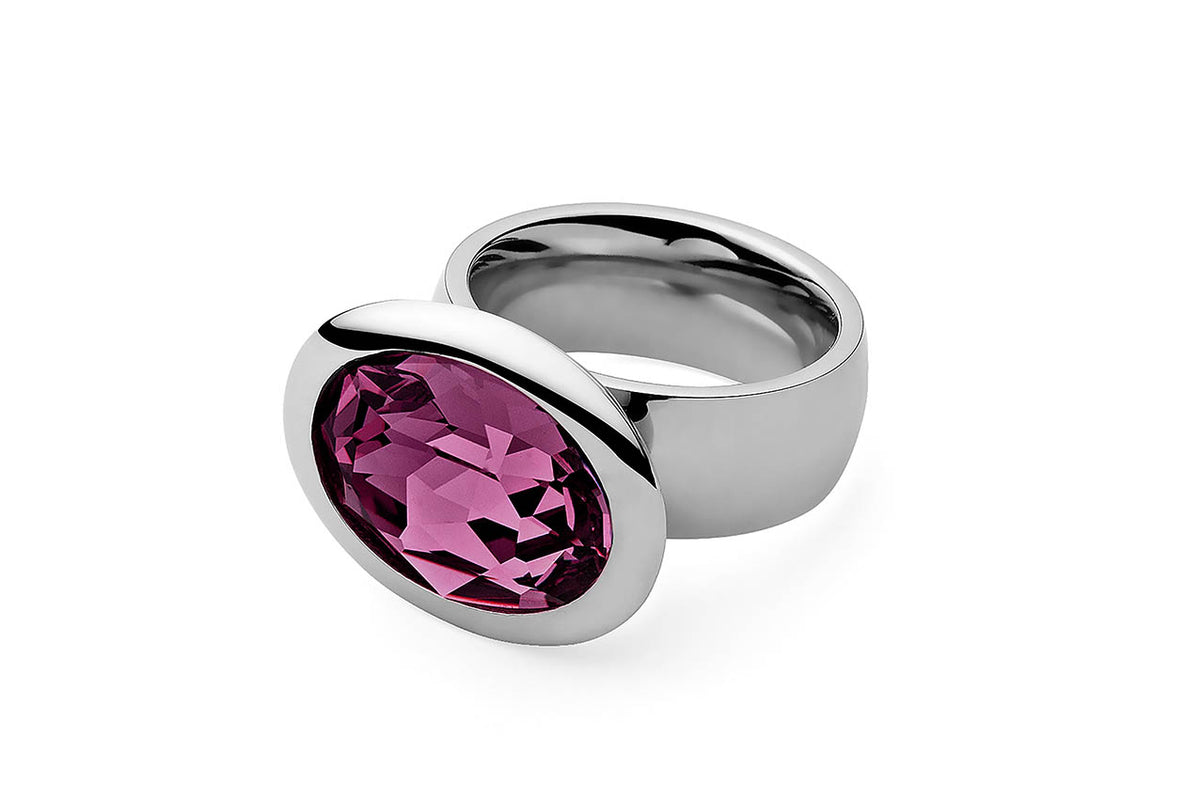 Qudo Tivola Thick Stainless Steel Large Ring with Amethys Coloured Stone